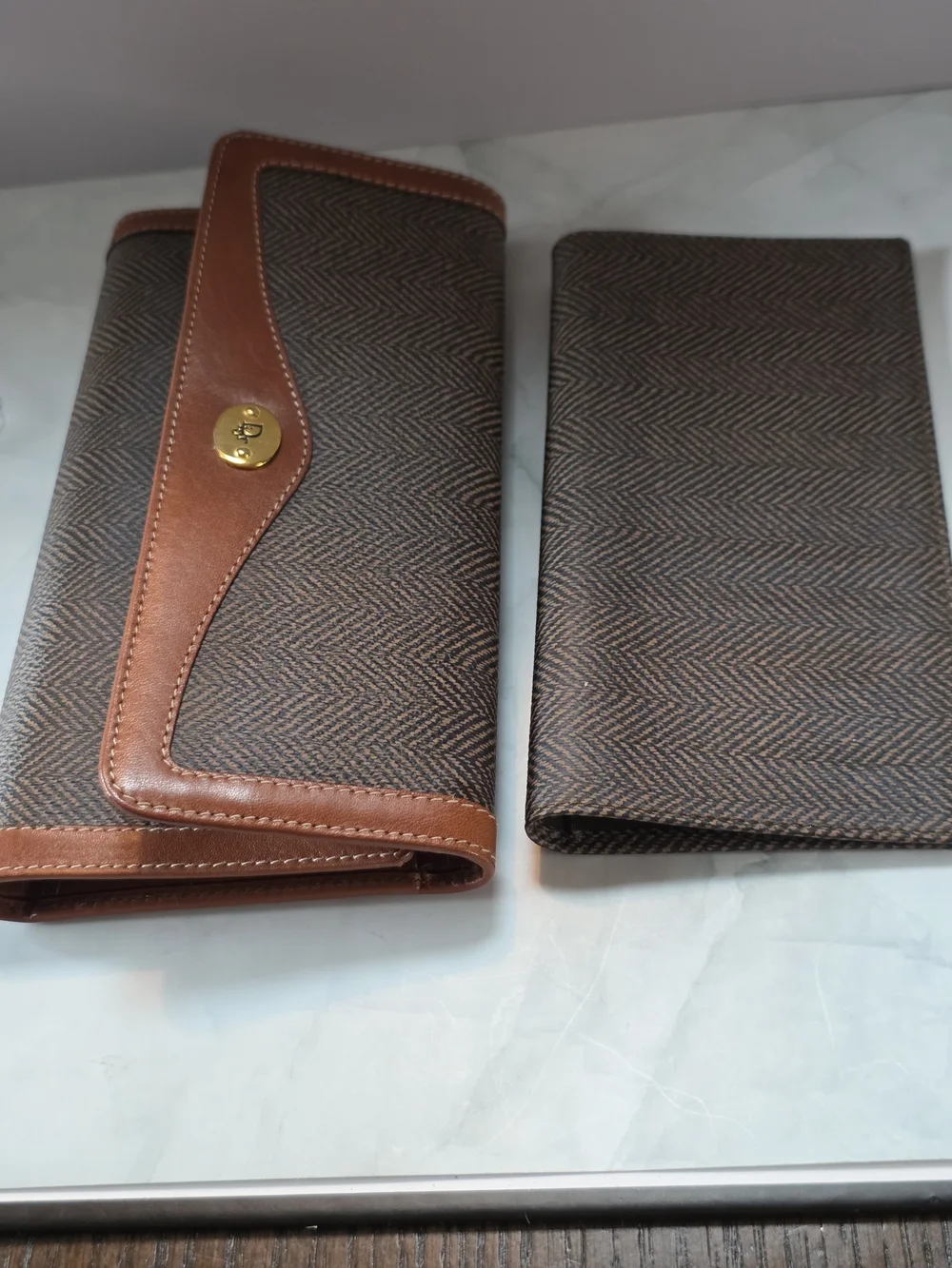 Christian Dior Vintage Trotter Herringbone Wallet & Checkbook Cover Set
